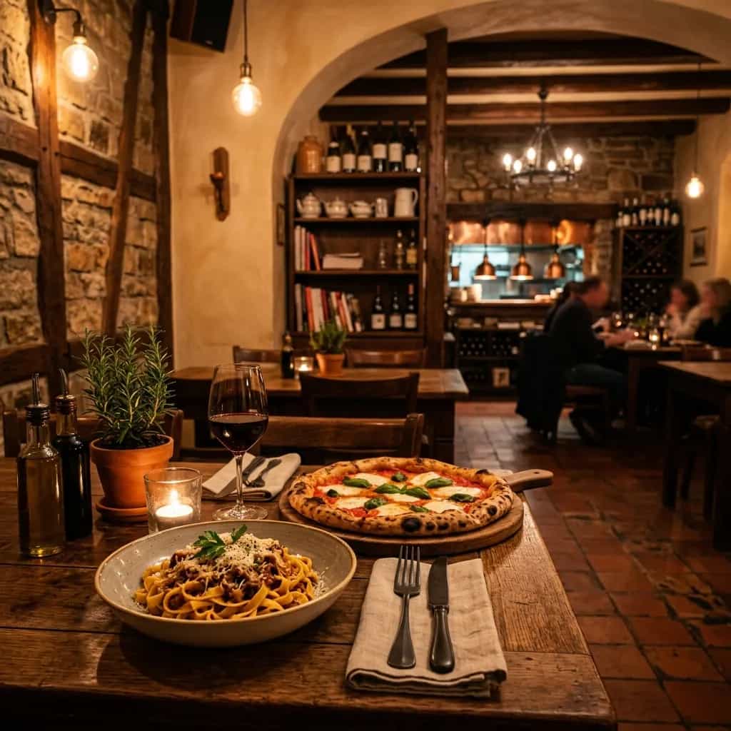 Holztisch mit Pizza, einem Teller Bandnudeln und einem Glas Rotwein in einem Gastraum mit Natursteinwänden und Rundbogen