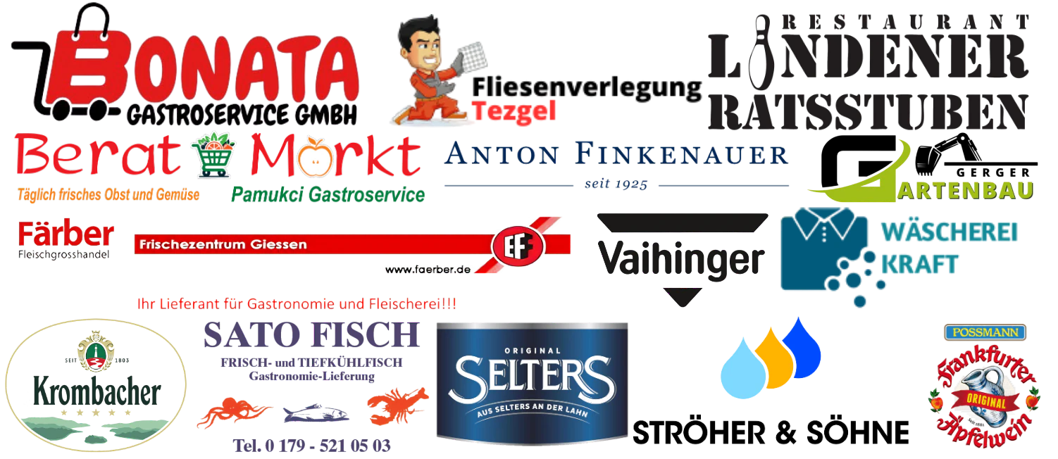 Logos: Bonata Gastroservice, Fliesenverlegung Tezgel, Restaurant Lindener Ratsstuben, Berat Markt – Pamukci Gastroservice, Anton Finkenauer, Gerger Gartenbau, Färber Fleischgroßhandel, Vaihinger, Wäscherei Kraft, Krombacher, Sato Fisch, Selters, Ströher & Söhne, Possmann Frankfurter Apfelwein
